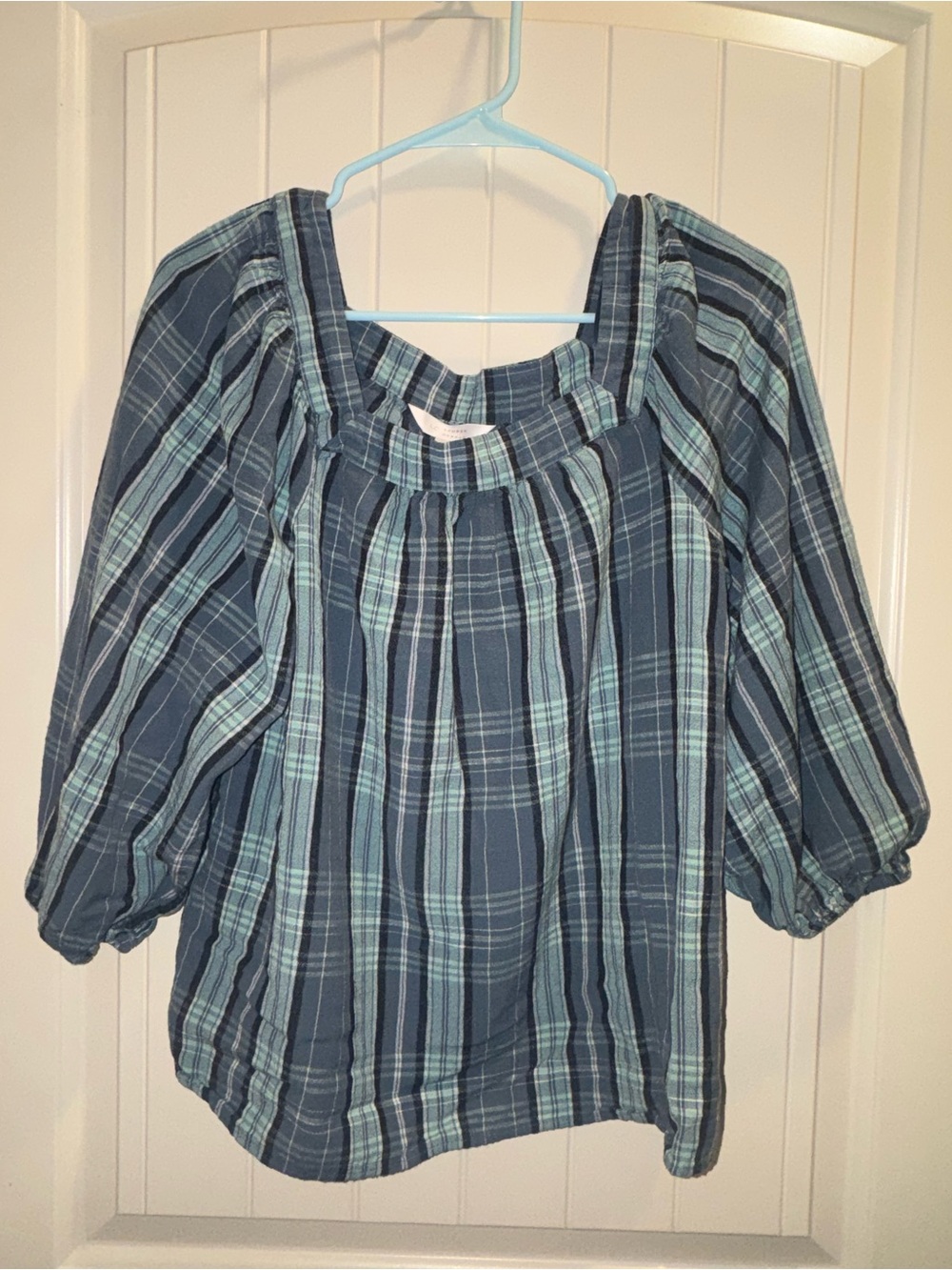 LC Lauren Conrad Navy and Teal Plaid Peasant Blouse